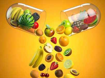 Different fruits in medical capsule, Vitamin dietary supplement and health nutrition concept. 3d illustration