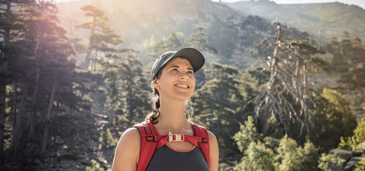 Female hiker during hike, Haute-Corse, Corsica, France