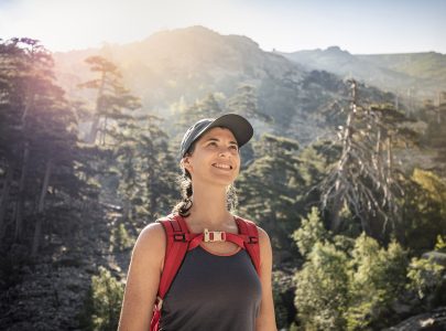 Female hiker during hike, Haute-Corse, Corsica, France